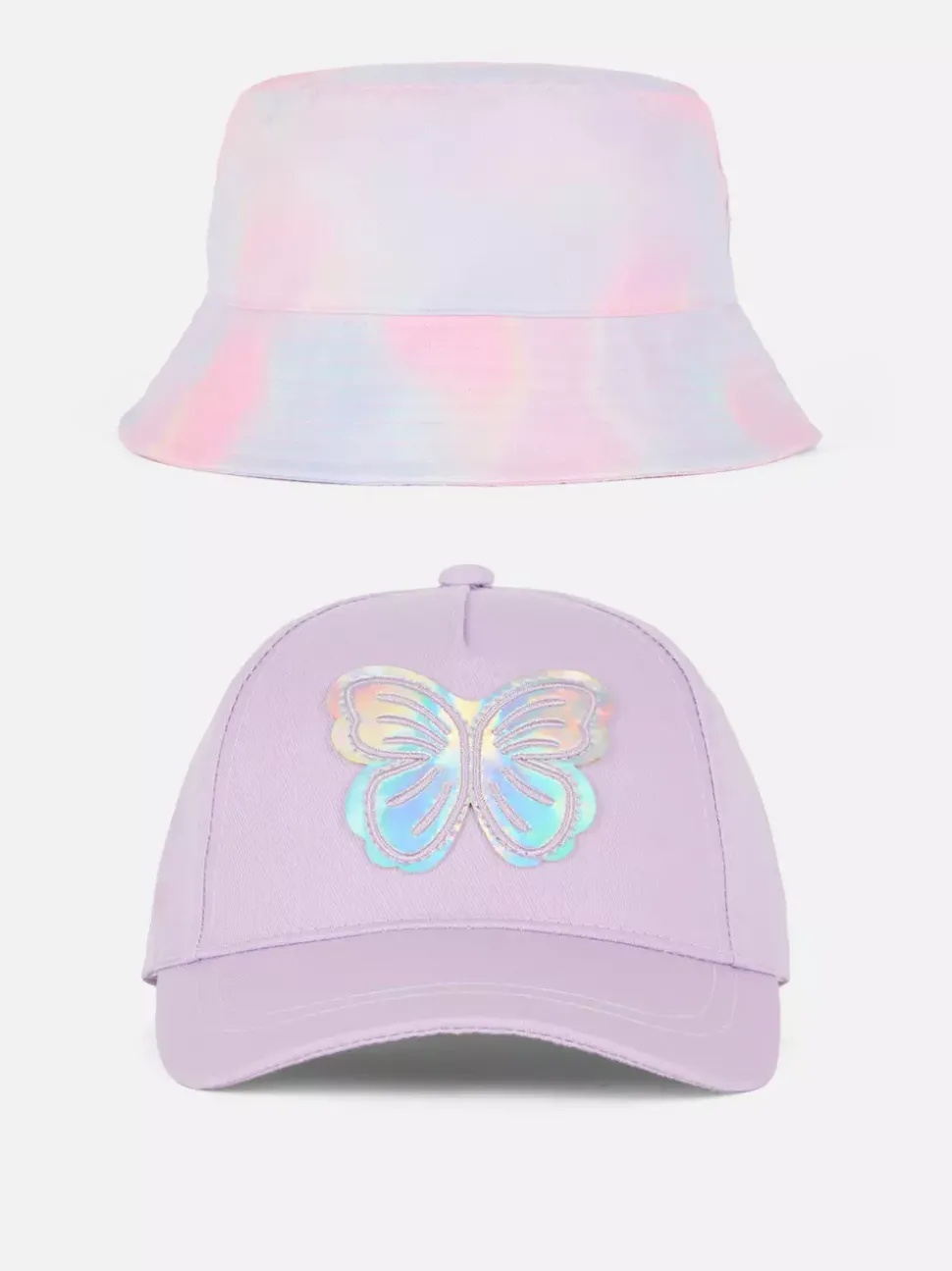 Czapka z motylem i kapelusz wędkarski we wzór ombré