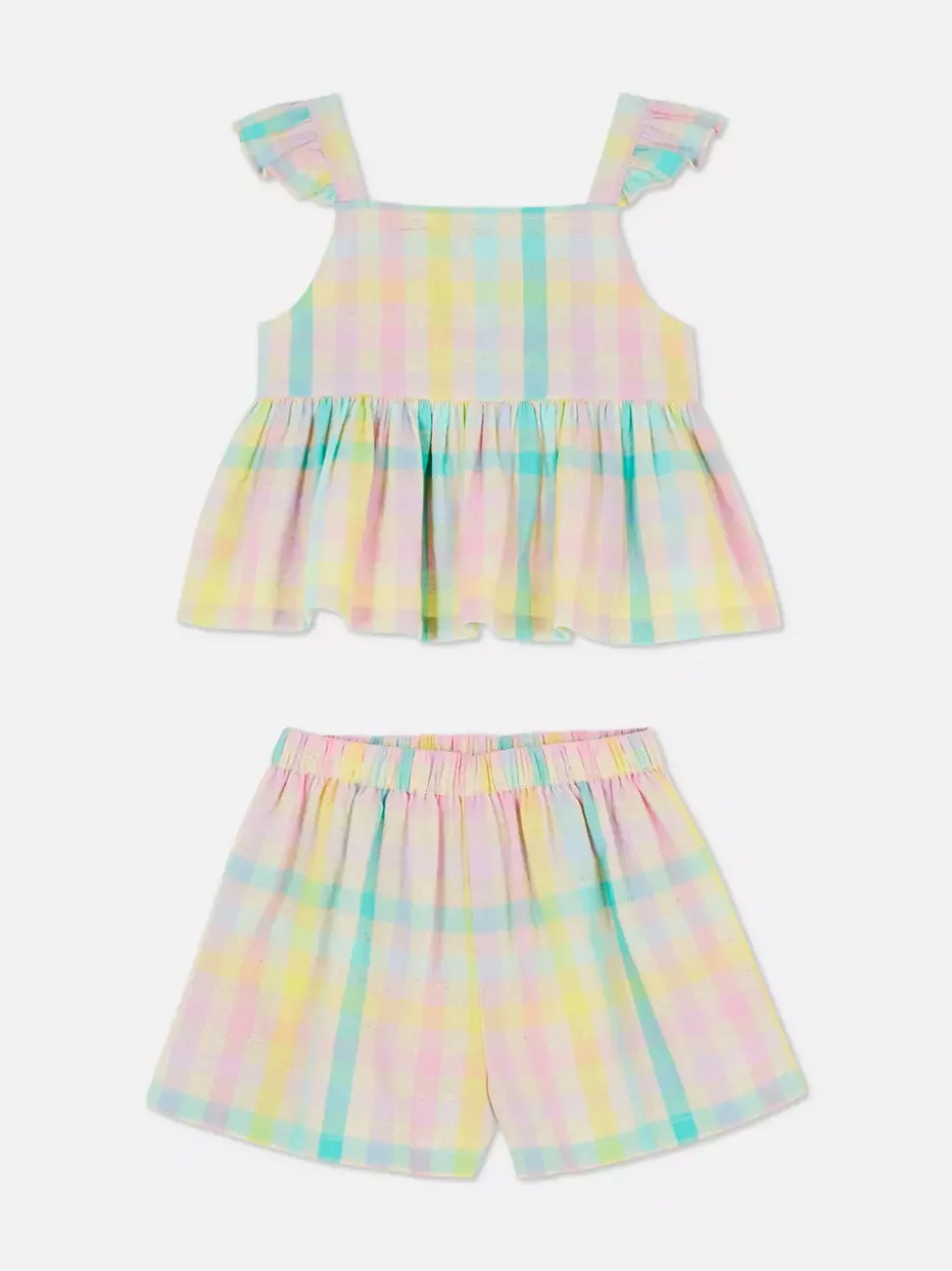 Komplet z bluzką z falbankami i szortami w kratę