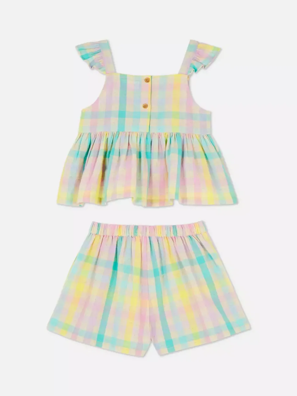 Komplet z bluzką z falbankami i szortami w kratę