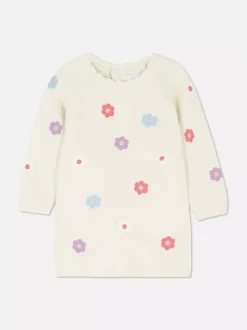 Komplet z sukienką swetrową w kwiaty i rajstopami