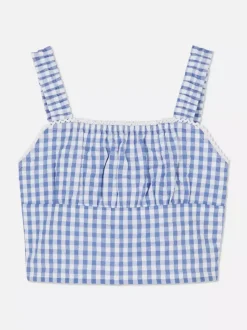 Krótka koronkowa bluzka w kratę vichy