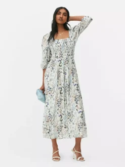 Marszczona sukienka midi z bufiastymi rękawami