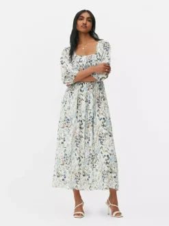 Marszczona sukienka midi z bufiastymi rękawami