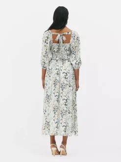 Marszczona sukienka midi z bufiastymi rękawami