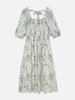 Marszczona sukienka midi z bufiastymi rękawami