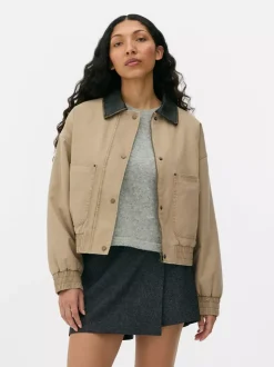 Płócienna kurtka ze sztucznej skóry z kołnierzem