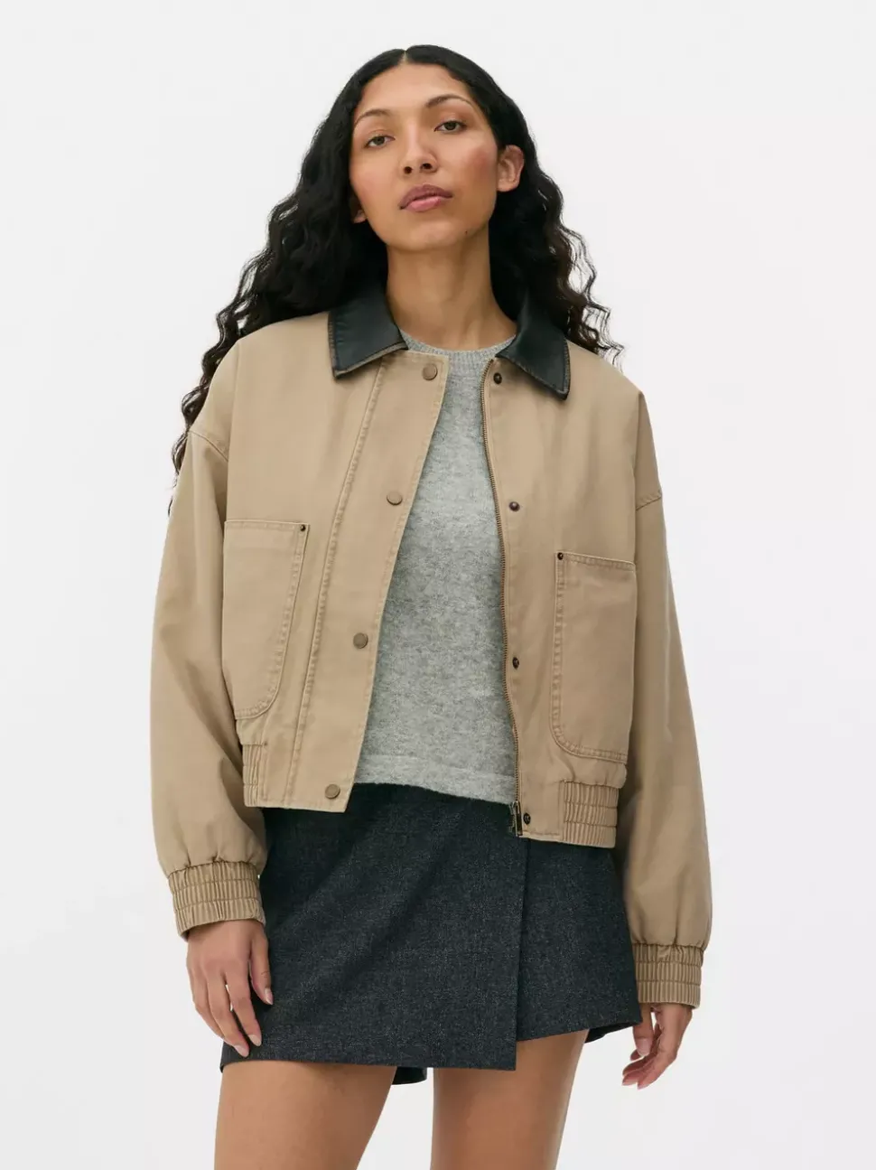 Płócienna kurtka ze sztucznej skóry z kołnierzem