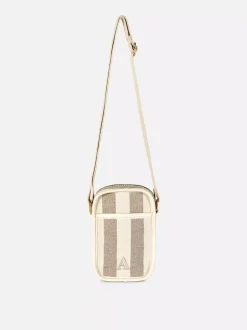 Płócienny pokrowiec na telefon w paski i z inicjałem