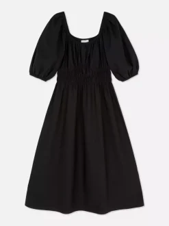 Popelinowa sukienka midi z marszczeniami