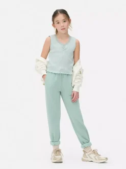 Prążkowana koszulka bez rękawów wykończona koronką