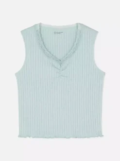 Prążkowana koszulka bez rękawów wykończona koronką