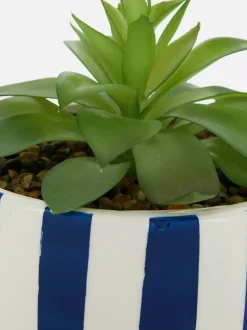 Sztuczny sukulent w pasiastej doniczce