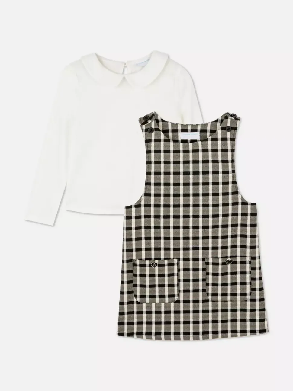Top z kołnierzykiem i sukienka ogrodniczka w kratę