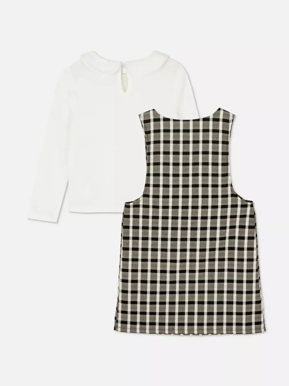Top z kołnierzykiem i sukienka ogrodniczka w kratę