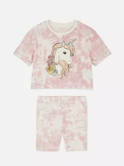 T-shirt i szorty ze wzorem tie-dye i jednorożcem