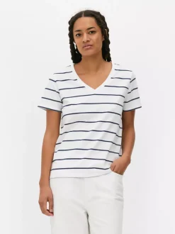 T-shirt w paski z dekoltem w serek