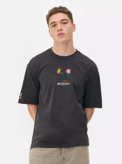 T-shirt z efektem sprania i motywem obrazu Basquiata