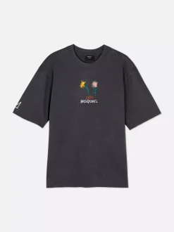 T-shirt z efektem sprania i motywem obrazu Basquiata